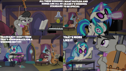Size: 2000x1125 | Tagged: safe, edit, edited screencap, editor:quoterific, screencap, dj pon-3, octavia melody, vinyl scratch, earth pony, pony, unicorn, g4, season 5, slice of life (episode), caption, cello, duo, duo female, electric guitar, female, guitar, horn, mare, musical instrument, piano, synthesizer, text