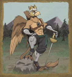 Size: 2772x2933 | Tagged: safe, artist:daxdresden, artist:llamaboy, oc, oc only, oc:grover vi, griffon, anthro, equestria at war mod, abs, anthro oc, armor, athletic, battle crown, chest, clothes, confident, crown, day, defined chest, gloves, griffon oc, jewelry, knight, male, necklace, nudity, pants, partial nudity, pride, regalia, royalty, solo, spread wings, stern, sword, tail, weapon, wings