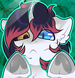 Size: 1937x2010 | Tagged: safe, artist:minty--fresh, oc, oc only, alicorn, :<, alicorn oc, heterochromia, horn, looking at you, pressed against screen, robot eye, solo, wings