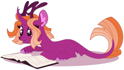 Size: 3809x2141 | Tagged: safe, artist:monochrome-sunsets, oc, oc only, oc:summerset, deer, deer pony, hybrid, original species, book, lying down, prone, simple background, solo, transparent background