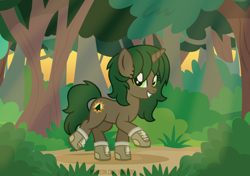 Size: 1200x844 | Tagged: safe, artist:jennieoo, oc, oc only, oc:pine shine, pony, unicorn, boots, bush, commission, crepuscular rays, female, forest, happy, hiking, horn, looking at you, mare, nature, raised hoof, shoes, show accurate, smiling, smiling at you, solo, tree, trotting, vector