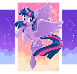Size: 2702x2602 | Tagged: safe, artist:amanda hope, twilight sparkle, alicorn, pony, g4, abstract background, cloud, concave belly, constellation, female, flying, full body, horn, mare, open mouth, open smile, outline, shiny mane, shiny tail, slender, smiling, solo, spread wings, stars, thin, twilight sparkle (alicorn), white outline, wings
