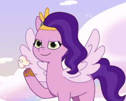 Size: 401x320 | Tagged: safe, screencap, pipp petals, pegasus, pony, g5, my little pony: tell your tale, where the rainbows are made, spoiler:g5, spoiler:my little pony: tell your tale, spoiler:tyts02e12, animated, cloud, cropped, diadem, evil smirk, female, gif, headband, jewelry, mare, regalia, solo, wings