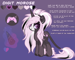 Size: 2500x2000 | Tagged: safe, artist:skyboundsiren, oc, oc:digit morose, unicorn, color palette, cutie mark, female, horn, leonine tail, piercing, reference sheet, smiling, solo, solo female, tail