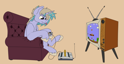 Size: 3695x1917 | Tagged: safe, artist:agent-diego, oc, oc only, pony, unicorn, chair, game console, horn, male, simple background, sitting, super mario bros., super mario bros. (1985), television, unicorn oc