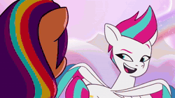 Size: 1920x1080 | Tagged: safe, screencap, sunny starscout, zipp storm, earth pony, pegasus, pony, g5, my little pony: tell your tale, where the rainbows are made, spoiler:g5, spoiler:my little pony: tell your tale, spoiler:tyts02e12, animated, cloud, cutie mark, female, flying, glowing cutie mark, mare, rainbow, sky, smiling, sound, sparkles, speech, talking, webm, wings