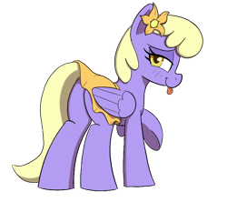 Size: 738x654 | Tagged: safe, artist:maretian, orange blossom, prim posy, pegasus, pony, :p, accessory, blushing, clothes, female, flower, flower in hair, lidded eyes, looking at you, looking back, mare, raised hoof, simple background, skirt, solo, tongue out, transparent background, upskirt