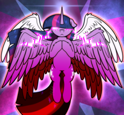 Size: 1348x1244 | Tagged: safe, artist:bluemoon, twilight sparkle, alicorn, pony, g4, covered eyes, female, floating, hooves together, magic, magic overload, mare, multiple wings, solo, spread wings, twilight sparkle (alicorn), wings