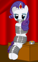 Size: 2000x3200 | Tagged: safe, artist:cardshark777, rarity, unicorn, g4, blurry background, bondage, bound and gagged, box, curtains, digital art, eyeliner, female, femsub, gag, gem, helpless, hooves behind back, horn, horn ring, looking at you, magic suppression, makeup, mare, ring, sitting, solo, stage, submissive, tape, tape bondage, tape gag