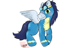 Size: 1800x1200 | Tagged: safe, artist:felixmcfurry, soarin', pegasus, pony, g4, clothes, digital art, feral, goggles, goggles on head, gradient eyes, lineart, male, shading, simple background, solo, stallion, transparent background, uniform, wonderbolts uniform