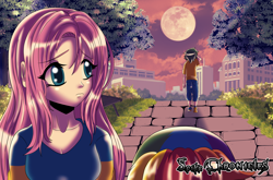Size: 4100x2700 | Tagged: safe, artist:cmacx, fluttershy, rainbow dash, spike, human, g4, building, crying, hair, human spike, humanized, moon, road, sad, tree