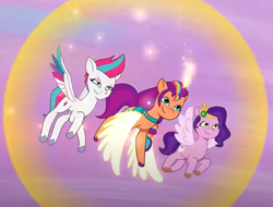 Size: 847x644 | Tagged: safe, screencap, pipp petals, sunny starscout, zipp storm, alicorn, pegasus, pony, g5, my little pony: tell your tale, where the rainbows are made, cropped, determined, magic, trio