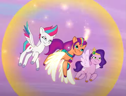 Size: 847x644 | Tagged: safe, screencap, pipp petals, sunny starscout, zipp storm, alicorn, pegasus, pony, g5, my little pony: tell your tale, where the rainbows are made, spoiler:g5, spoiler:my little pony: tell your tale, spoiler:tyts02e12, cropped, determined, female, flying, force field, magic, magic bubble, mane stripe sunny, mare, royal sisters (g5), siblings, sisters, trio