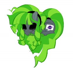 Size: 1510x1510 | Tagged: safe, artist:fryologyyy, oc, oc only, oc:grawlix, earth pony, pony, big eyes, colored hooves, colored pinnae, ear fluff, earth pony oc, eyelashes, eyes closed, eyeshadow, gray coat, green mane, green tail, headband, heart pony, long mane, long tail, lying down, makeup, no mouth, simple background, solo, tail, tied mane, tied tail, two toned mane, two toned tail, white background