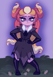 Size: 1430x2048 | Tagged: safe, artist:carouselunique, oc, oc only, oc:honeycrisp blossom, human, equestria girls, g4, alternate hairstyle, antagonist, boots, clothes, dress, eyeshadow, female, furrowed brow, hand on hip, looking at you, makeup, offspring, palindrome get, parent:big macintosh, parent:princess cadance, parents:cadmac, shoes, solo