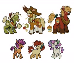 Size: 2000x1700 | Tagged: safe, artist:camo_ty, apple bloom, applejack, big macintosh, granny smith, scootaloo, sweetie belle, earth pony, pegasus, pony, unicorn, g4, alternate accessories, alternate color palette, alternate cutie mark, alternate design, alternate hairstyle, alternate mane color, alternate tail color, alternate tailstyle, apple bloom's bow, apple family, applejack's hat, applejacked, bandage, bandaged leg, bandana, blaze (coat marking), blonde mane, blonde tail, bonnet, bow, braid, braided ponytail, clothes, coat markings, colored ears, colored hooves, colored horn, colored muzzle, colored nose, colored pinnae, colored wings, colored wingtips, cowboy hat, cream coat, curly mane, curly tail, curved horn, cutie mark crusaders, dot eyes, ear tufts, eye wrinkles, eyebrows, eyebrows visible through hair, eyelashes, eyes closed, facial markings, female, floppy ears, freckles, granny smith's shawl, green coat, group, hair bow, hair bun, hair over eyes, hat, heart nose, height difference, horn, leonine tail, looking at someone, looking back, mare, messy mane, muscles, neckerchief, open mouth, open smile, orange coat, physique difference, ponytail, purple mane, purple tail, raised eyebrow, red coat, red mane, red tail, redesign, scarf, sextet, shawl, short horn, short mane, short tail, signature, simple background, small wings, smiling, snip (coat marking), socks (coat markings), spread wings, standing, straw in mouth, tail, tail bun, tall ears, tied mane, tied tail, trans big macintosh, trans female, transgender, two toned mane, two toned tail, two toned wings, unicorn horn, unshorn fetlocks, wall of tags, white background, white coat, wings, wrinkles, yellow coat, yoke