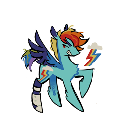 Size: 900x900 | Tagged: safe, artist:camo_ty, artist:camotty, part of a set, rainbow dash, pegasus, pony, g4, alternate design, alternate eye color, alternate hairstyle, amputee, blue coat, chest fluff, coat markings, colored eyebrows, colored wings, colored wingtips, dorsal stripe, dot eyes, eyebrows, eyebrows visible through hair, female, leg fluff, looking back, mare, multicolored mane, multicolored tail, narrowed eyes, no catchlights, profile, prosthetic leg, prosthetic limb, prosthetics, raised hoof, red eyes, redesign, short hair rainbow dash, short mane, short tail, signature, simple background, smiling, solo, spread wings, standing, tail, teeth, two toned wings, white background, wings