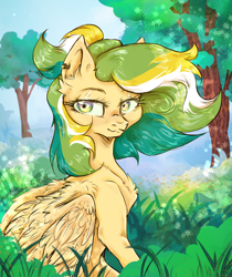 Size: 2488x2957 | Tagged: safe, artist:nazalik, oc, oc only, oc:shinebite, oc:shinebite fantom.ent, pegasus, chest fluff, colored background, flowers everywhere, grass, grass field, green background, mane, multicolored eyes, multicolored hair, piercing, simple background, tree