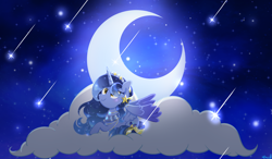 Size: 2242x1306 | Tagged: safe, artist:pelinstwinkle, oc, oc only, alicorn, pony, alicorn oc, cloud, crescent moon, horn, moon, on a cloud, shooting star, solo, wings