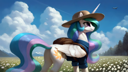 Size: 2560x1440 | Tagged: safe, ai assisted, ai content, artist:dovakkins, derpibooru exclusive, generator:pony diffusion v6 xl, generator:stable diffusion, princess celestia, alicorn, pony, g4, backpack, butt, celestia is amused, clothes, cloud, cloudy, concave belly, female, flower, flower field, forest, hat, mare, mountain, nature, olympic rings, plane, plot, retirement, scenery, shirt, smiling, solo, straw hat, tail, tourist, tree, wavy mane, wavy tail