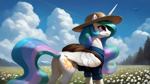 Size: 2560x1440 | Tagged: safe, ai assisted, ai content, artist:dovakkins, derpibooru exclusive, generator:pony diffusion v6 xl, generator:stable diffusion, princess celestia, alicorn, pony, g4, backpack, butt, celestia is amused, clothes, cloud, cloudy, female, flower, flower field, forest, hat, mare, mountain, nature, olympic rings, plane, plot, retirement, scenery, shirt, smiling, solo, straw hat, tail, tourist, tree, wavy mane, wavy tail
