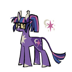 Size: 900x900 | Tagged: safe, artist:camo_ty, artist:camotty, part of a set, twilight sparkle, pony, unicorn, g4, alternate color palette, alternate cutie mark, alternate design, alternate hairstyle, alternate tailstyle, blaze (coat marking), coat markings, colored ears, colored eartips, colored hooves, dot eyes, ear tufts, facial markings, female, glasses, horn, leonine tail, long mane, long tail, looking back, mare, multicolored mane, multicolored tail, ponytail, purple coat, redesign, signature, simple background, smiling, solo, square glasses, standing, tail, tall ears, tied mane, unicorn twilight, white background