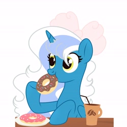 Size: 6890x6890 | Tagged: safe, artist:riofluttershy, oc, oc only, oc:fleurbelle, alicorn, pony, alicorn oc, bow, coffee, coffee mug, donut, eating, female, folded wings, food, hair bow, herbivore, horn, mare, mug, plate, simple background, solo, straw, white background, wings, yellow eyes