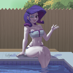Size: 900x900 | Tagged: safe, artist:kevinsano, rarity, human, equestria girls, g4, belly button, bikini, breasts, busty rarity, clothes, female, legs in the water, one eye closed, open mouth, open smile, partially submerged, poolside, sitting, smiling, solo, swimsuit, wide hips