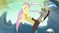 Size: 1280x720 | Tagged: safe, edit, edited screencap, screencap, discord, fluttershy, draconequus, pegasus, pony, g4, to where and back again, duo, duo male and female, female, kiss me you fool, male, mare, ship:discoshy, shipping, speech bubble, straight