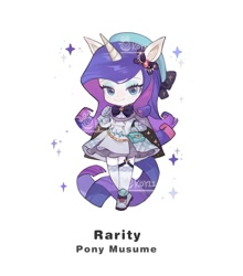 Size: 1232x1399 | Tagged: safe, artist:koyii-kong, rarity, unicorn, anthro, g4, bow, clothes, dress, female, gloves, hat, horn, simple background, solo, sparkles, stockings, thigh highs, uma musume pretty derby, watermark, white background