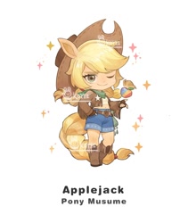 Size: 1232x1399 | Tagged: safe, artist:koyii-kong, applejack, earth pony, anthro, g4, apple, applejack's hat, boots, clothes, cowboy boots, cowboy hat, denim, denim shorts, female, food, hat, looking at you, mare, one eye closed, sheriff's badge, shoes, shorts, simple background, smiling, smiling at you, solo, sparkles, uma musume pretty derby, vest, watermark, white background, wink, winking at you, zap apple