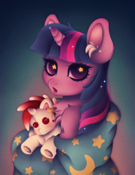 Size: 2550x3300 | Tagged: safe, artist:silverwolf866, twilight sparkle, oc, pony, g4, :o, blanket, chest fluff, colored ear fluff, ear fluff, female, gradient background, mare, open mouth, plushie, solo, starry eyes, wingding eyes