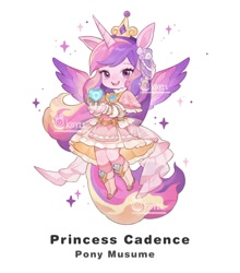Size: 1232x1399 | Tagged: safe, artist:koyii-kong, princess cadance, alicorn, anthro, boots, clothes, crystal heart, dress, female, mare, name, open mouth, open smile, shoes, simple background, smiling, solo, sparkles, spread wings, white background, wings