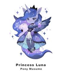 Size: 1232x1399 | Tagged: safe, artist:koyii-kong, princess luna, alicorn, anthro, bare shoulders, clothes, dress, female, garters, hand on hip, mare, name, pillow, solo, sparkles, stockings, thigh highs, watermark