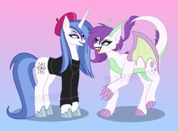 Size: 1141x840 | Tagged: safe, artist:theumbramistress, oc, oc only, oc:fleur de cirey, oc:vanity, dracony, hybrid, pony, unicorn, beret, black lipstick, clothes, dragon wings, duo, duo female, eyeshadow, female, gradient background, hat, hoof shoes, horn, interspecies offspring, lesbian, lipstick, makeup, oc x oc, offspring, offspring shipping, parent:fancypants, parent:fleur-de-lis, parent:rarity, parent:spike, parents:fancyfleur, parents:sparity, partially open wings, shipping, tongue out, turtleneck, wings
