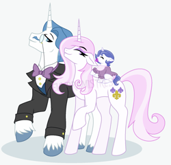 Size: 1511x1453 | Tagged: safe, artist:theumbramistress, fancypants, fleur-de-lis, oc, oc:fleur de cirey, pony, unicorn, baby, baby pony, bib, bowtie, clothes, cute, eyebrows, eyebrows visible through hair, family, father and child, father and daughter, female, filly, floppy ears, foal, gradient background, horn, male, mare, monocle, mother and child, mother and daughter, offspring, pacifier, parent:fancypants, parent:fleur-de-lis, parents:fancyfleur, ponies riding ponies, riding, riding a pony, ship:fancyfleur, shipping, stallion, straight, suit, trio, unshorn fetlocks, watermark