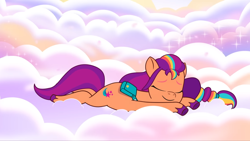 Size: 2160x1215 | Tagged: safe, screencap, sunny starscout, earth pony, pony, g5, my little pony: tell your tale, where the rainbows are made, spoiler:g5, spoiler:my little pony: tell your tale, spoiler:tyts02e12, cloud, cute, eyes closed, female, lying down, mane stripe sunny, mare, smiling, solo, sunnybetes