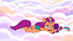 Size: 2160x1215 | Tagged: safe, screencap, sunny starscout, earth pony, pony, g5, my little pony: tell your tale, where the rainbows are made, spoiler:g5, spoiler:my little pony: tell your tale, spoiler:tyts02e12, cloud, cute, female, lying down, mane stripe sunny, mare, open mouth, open smile, smiling, solo, sunnybetes