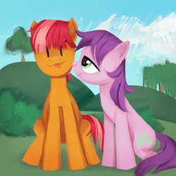 Size: 1080x1080 | Tagged: safe, artist:catachromatic, serendipity, sparkleworks, earth pony, pony, g3, g4, :p, bush, day, duo, duo female, eyes closed, female, g3 to g4, generation leap, hill, lesbian, lidded eyes, lineless, looking at someone, mare, outdoors, ponified animal photo, ship:sparkledipity, shipping, sitting, smiling