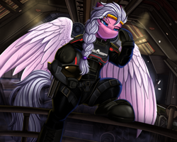Size: 2712x2171 | Tagged: safe, artist:pridark, oc, oc only, oc:bipen, pegasus, pony, armor, bipedal, bodysuit, clothes, crossover, female, helldivers 2, helmet, mare, pegasus oc, ponified, salute, solo, spread wings, suit, wings