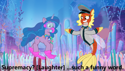 Size: 1366x768 | Tagged: safe, edit, edited screencap, screencap, izzy moonbow, oc, oc:posada, pony, seapony (g4), unicorn, equestria at war mod, g4, g5, a match made in tartarus, bubble, coral, crepuscular rays, dorsal fin, female, fin, fin wings, fins, fish tail, flowing mane, flowing tail, g4 to g5, generation leap, horn, mare, ocean, scales, seaweed, sunlight, swimming, tail, underwater, water, wings, xk-class end-of-the-world scenario
