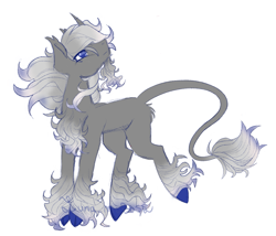 Size: 1775x1518 | Tagged: safe, alternate version, artist:luna_mcboss, oc, pony, unicorn, blank flank, blue eyes, chest fluff, cloven hooves, colored hooves, colored sketch, feathered fetlocks, gray coat, gray mane, horn, long mane, long tail, looking up, simple background, sketch, tail, white background