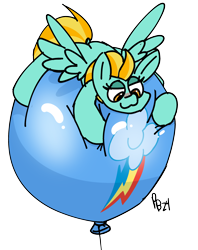 Size: 2400x3030 | Tagged: safe, artist:ponballoon, lightning dust, pegasus, pony, g4, balloon, balloon riding, butt, dock, female, floating, lying down, mare, plot, prone, simple background, solo, squeeze, squeezing, tail, transparent background