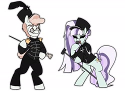 Size: 1934x1410 | Tagged: safe, artist:b(r)at, coloratura, svengallop, earth pony, pony, band uniform, baton, bipedal, clothes, countess coloratura, duo, eyes closed, female, glasses, hat, male, mare, microphone, open mouth, simple background, singing, stallion, uniform, white background