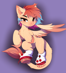 Size: 2894x3226 | Tagged: safe, artist:empress-twilight, oc, oc only, oc:cardia, pegasus, pony, anatomically correct heart, chest fluff, clothes, colored eartips, colored hooves, colored muzzle, colored wings, colored wingtips, ear fluff, gradient mane, leg warmers, leonine tail, looking at you, pink eyes, purple background, simple background, spread wings, tail, unshorn fetlocks, wings