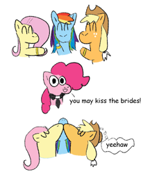 Size: 1305x1606 | Tagged: safe, artist:zoeyhorse, applejack, fluttershy, pinkie pie, rainbow dash, earth pony, pegasus, pony, g4, ^^, bust, comic, eye clipping through hair, eyes closed, female, flutterappledash, jewelry, kissing, lesbian, mare, marriage, polyamory, polygamy, ring, ship:appledash, ship:appleshy, ship:flutterdash, shipping, simple background, thought bubble, triple kiss, wedding, wedding ring, white background, yeehaw