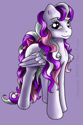 Size: 217x324 | Tagged: safe, artist:flyingpony, oc, oc only, oc:birdie (flyingpony), pegasus, pony, fanfic:worlds apart, g1, bow, female, lavender background, mare, simple background, solo, standing, tail, tail bow
