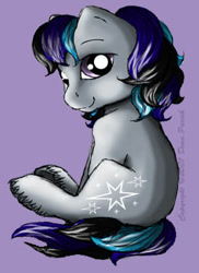 Size: 267x366 | Tagged: safe, artist:flyingpony, oc, oc only, oc:silver star (flyingpony), earth pony, pony, fanfic:worlds apart, g1, colt, foal, lavender background, looking at you, male, simple background, sitting, solo, unshorn fetlocks