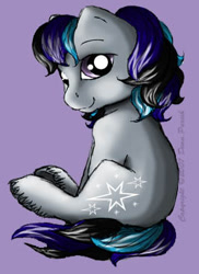 Size: 267x366 | Tagged: safe, artist:flyingpony, oc, oc only, oc:silverstar (flyingpony), earth pony, pony, fanfic:worlds apart, g1, colt, foal, lavender background, looking at you, male, simple background, sitting, solo, unshorn fetlocks