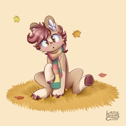Size: 1773x1773 | Tagged: safe, artist:lazybread, oc, oc only, oc:pitch kritter pine, earth pony, pony, beige background, beige coat, blaze (coat marking), blushing, brown mane, cheek fluff, chest fluff, clothes, coat markings, colored ear fluff, colored hooves, cute, dry grass, ear fluff, earth pony oc, facial markings, falling leaves, grass, leaf, leaf on nose, leaves, looking at something, male, pale belly, scarf, simple background, sitting, socks (coat markings), solo, stallion, striped scarf, underhoof, unshorn fetlocks